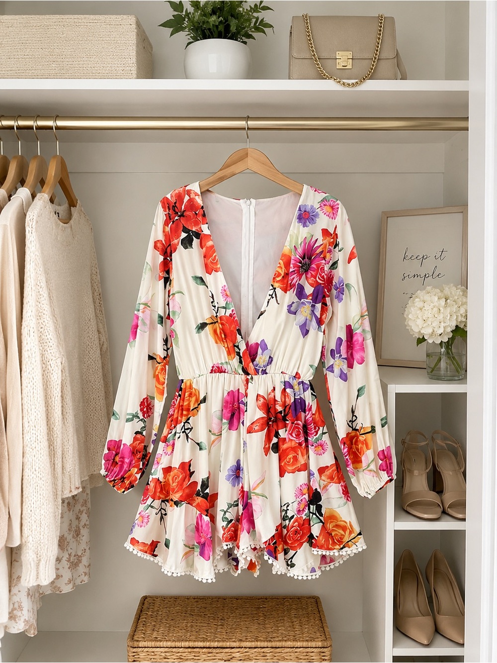 Floral V-Neck Long Sleeve Mini Dress - White with Pink & Orange Blooms